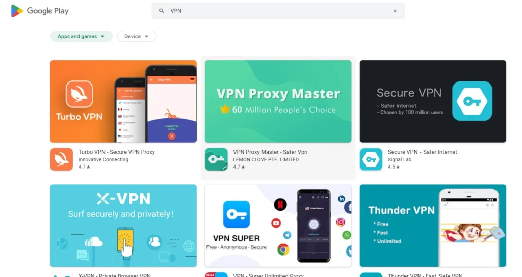 VPN's available on Google Play