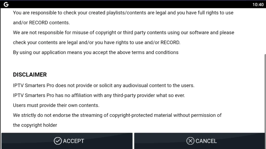 Step 2 - Accept IPTV Smarters Pro Terms and Conditions